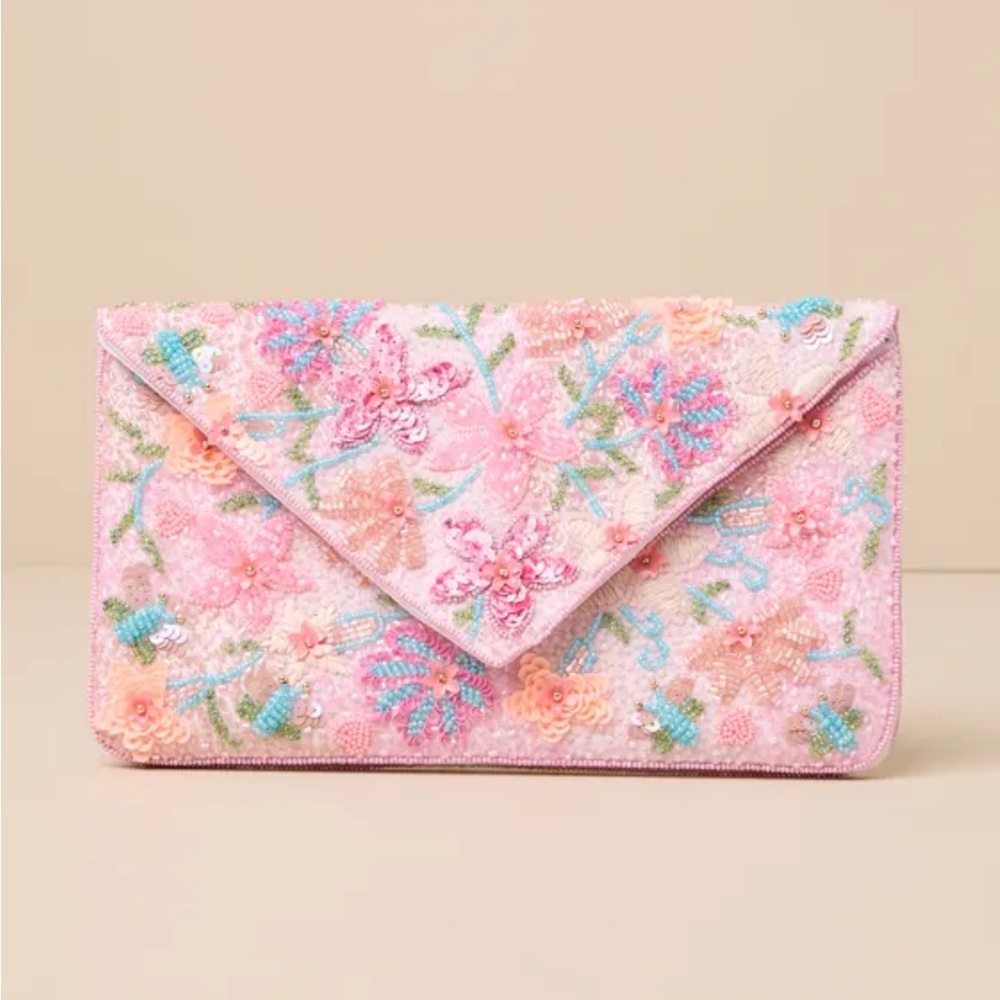 Lulus pink floral beaded clutch NWT